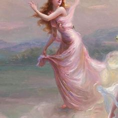 a painting of a woman in a pink dress on the beach with her arms outstretched