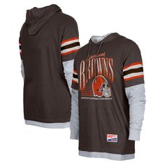 Gear up for game day with this Cleveland Browns Twofer Long Sleeve Hooded T-Shirt from New Era. The heather gray sleeves and hood interior add a stylish contrast to the team color body, while distressed detailing on the chest graphic and faux sleeves enhances the vintage aesthetic. Plus, the soft fabric ensures lasting comfort whether you're cheering from the stands or showcasing your Cleveland Browns spirit around town. Locker Tags, Cleveland Browns, Vintage Aesthetic, Stripe Print, Heather Gray, The Vintage, Game Day, Cleveland, Soft Fabric