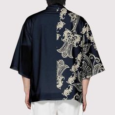 Haori Clothing | Eiyo Kimono Elegant Cotton Kimono, Japanese Pants, Sukajan Jacket, Paisley Motifs, Modern Kimono, Navy Base, Octopus Print, Nightgowns For Women, Womens Kimono