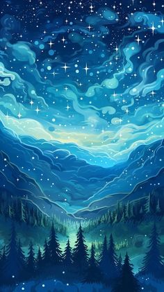 the night sky with stars and clouds above trees