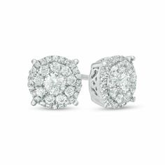 A shimmering everyday choice, these diamond stud earrings simply shine. Crafted in cool 10K white gold, each earring features a sparkling 1/10 ct. diamond at the center of a bullseye composite of smaller and petite diamonds. Radiant with 1/2 ct. t.w. of diamonds and a brilliant buffed luster, these post earrings secure comfortably with friction backs. White Diamond Halo Earrings In Fine Jewelry Style, White Round Diamond Earrings With Halo Design, White Diamond Halo Earrings Fine Jewelry, Fine Jewelry White Diamond Earrings With Halo, White Halo Cluster Earrings In Fine Jewelry Style, White Halo Design Diamond Earrings, White Halo Diamond Earrings, White Halo Cluster Earrings Fine Jewelry, White Cluster Earrings With Diamond Accents