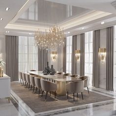 an elegant dining room with chandelier and marble table surrounded by beige upholstered chairs