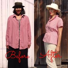 before and after photos of a woman wearing a pink shirt, white pants and black hat