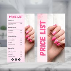 the price list for nail polish is displayed in front of a marble counter top with pink and