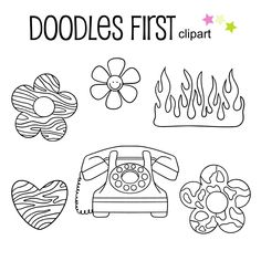 doodles first clipart featuring an old phone, hearts and flowers in black and white