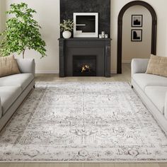 a living room with two couches and a rug in front of a fire place