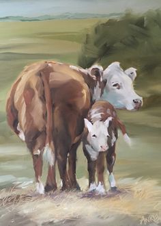 an oil painting of two cows standing next to each other