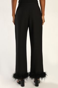 The Lulus Flair for the Fabulous Black Feather Straight Leg Pants are a fun twist on the classic dress pant silhouette! These lightweight woven pants boast a banded waist with a high-rise fit and a hidden top clasp with a hidden zip fly. Side seam pockets accent figure-skimming, straight pant legs before falling to feather-trimmed hems. Pair with the matching top for a complete look! Fit: This garment fits true to size. Length: Ankle length. Size medium Inseam: 27.75 Front Rise: 10.75 Waist: Fit Elegant Spring Bottoms With Feather Trim, Elegant Spring Bottoms With Feathers, Elegant Party Bottoms With Feather Trim, Spring Party Bottoms With Feathers, Chic Feather Trim Bottoms For Night Out, Chic Feathered Bottoms For Evening, Chic Evening Bottoms With Feathers, Chic Feather Trim Bottoms, Black Party Bottoms With Feather Trim