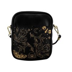 "► ABOUT THIS PURSE Colors: Black, gold Design: Snake, moths, flowers Sling Bag Type: High-grade PU leather, Shoulder & sling SIZE 5.6\"(W) x 6.6\"(H) x 1.95\"(D) (As a comparison, all US paper currency is 2.61 x 6.14 inches. This bag is slightly larger than two dollar bills side-by-side.) FEATURES * 7.41 Oz. Made from high-grade PU leather. Hand-stitched finishing. * Features: top zip closure, multi-functional front slip pocket. * Detachable 38\" vegan leather shoulder strap. * Large capacity f Black Leather Phone Bag Gift, Black Leather Phone Bag As Gift, Black Shoulder Bag With Card Slots, Black Crossbody Shoulder Bag For Personal Use, Black Pouch Phone Bag As Gift, Black Pouch Phone Bag Gift, Black Shoulder Bag Phone Bag As Gift, Black Shoulder Phone Bag As Gift, Black Shoulder Phone Bag For Gift