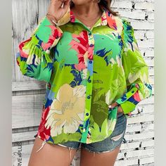 Gorgeous And Bright Floral Crepe Blouse, New Without Tags. Size 2x, 18/20. Green Floral Print Button-up Shirt, Green Vacation Blouse With Button Closure, Green Blouse With Button Closure For Vacation, Pink Blouse Design, Plus Size Boho, Crepe Blouse, Button Front Shirt, Tropical Floral, Boho Blouses