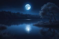 a full moon is seen over the water in this dark blue night scene with trees and grass