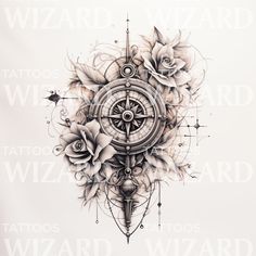 an artistic tattoo design with roses and compass on white paper, as well as words