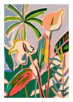 an abstract painting of pink flowers and green leaves