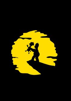 the silhouette of a woman holding flowers in front of a yellow sun with black background