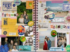 an open scrapbook with pictures and stickers on the pages that include people, flowers, and beach scenes