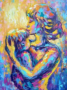 an abstract painting of a couple hugging each other on a blue background with yellow and pink colors