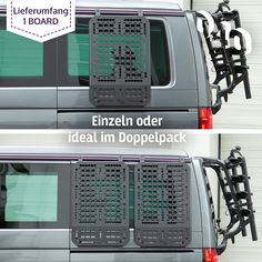 two pictures of the back and side of a vehicle with metal bars attached to it