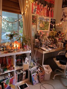 a cluttered room with many items on the shelves and lights strung from the ceiling