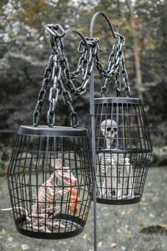 two birds in cages with chains hanging from the top and one bird inside it's cage