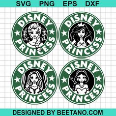 four disney princess starbucks stickers in green and black, with the words's logo on