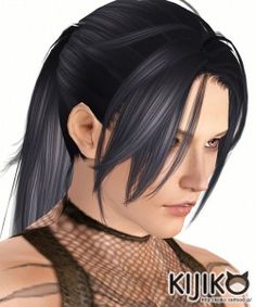 an animated image of a woman with black hair and mesh top on her shoulders, looking to the side