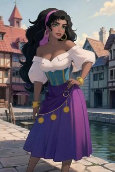 an animated image of a woman wearing a purple dress and gold hoop earrings, standing in front of some buildings