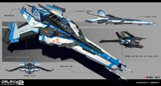 a blue and white space ship is shown in three different positions, including the wings