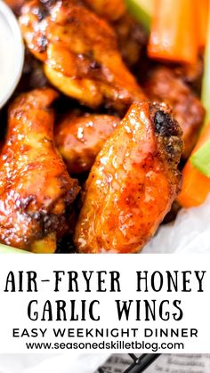 air fryer honey garlic wings with ranch dressing on the side and text overlay