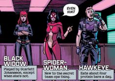 some people are talking to each other in a comic room with the caption that says black widow, spider - woman, and hawk