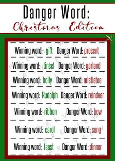 the danger word christmas edition is shown in red, green and white with words below it