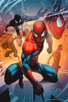 the amazing spider - man is in action with other superheros around him, as well as his face