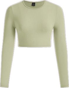 Summer Crew Neck Solid Color Crop Top, Summer Crew Neck Crop Top In Solid Color, Casual Long Sleeve Cropped T-shirt For Spring, Casual Cropped Solid Color Tops, Solid Color Workout Tops For Summer, Green Stretch Long Sleeve Top With Crew Neck, Workout Stretch Top In Solid Color, Spring Solid Color Workout Tops, Spring Solid Color Crop Top