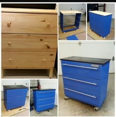 four pictures of different types of blue drawers and the bottom one is made out of plywood