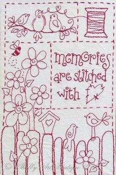 a cross stitch pattern with the words memories are stitchesed with birds and flowers on it