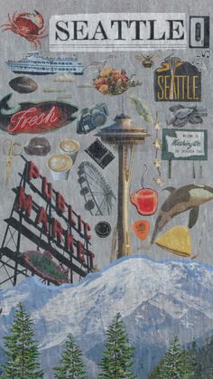 the cover of seattle magazine with an image of mountains, trees and seagulls