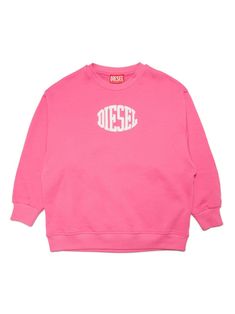 pink cotton jersey texture tonal stitching logo print to the front crew neck long sleeves ribbed cuffs and hem