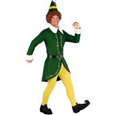 a man dressed in a green and yellow costume is dancing with his hands up to the side