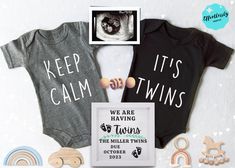 two baby onesuits and other items on a white background with the words keep calm it's twins