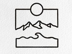 a line drawing of mountains and the sun