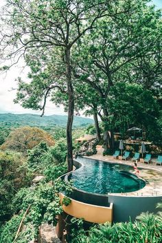 an outdoor swimming pool surrounded by trees