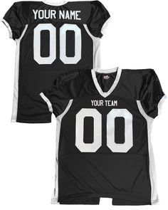 Crafted for a perfect fit, this football jersey is ideal for pairing with full padding without feeling too tight around the waist. With added flexibility and extended length for a tucked-in look, it's a top choice for both intense gameplay and supporting local sports teams or players. Made of polyester stretch mesh with side inserts.Customized with your Team Name, Player Name and Number1. Front Name: 2. Back Name: 3. Front & Back Number: If you would like a color or type style other than the def Black Team Spirit Jersey For College, Black College Jersey With Team Spirit, Black Jersey For Game Day With Team Spirit Style, Black Jersey For Game Day Sports Season, Black Jersey For Game Day During Sports Season, College Sports Season Black Jersey, Fitted Football Season Jersey, Game Day Black Jersey With Team Logo, Black Sports Fan Jersey With Team Name