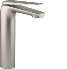 a brushed steel faucet on a white background