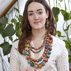 This incredible piece has five strands of varying-sized repurposed Kantha textile beads. It's truly the ultimate statement necklace! It can easily be styled with a tunic and jeans or elevated for evening. Measures 18" at the shortest strand, 29" at the longest, with a 3" extender. This colorful necklace is one-of-a-kind, as the beads are from repurposed textiles. No two are exactly alike. Sustainably handmade by women artisans in India. Candle Factory, Handmade Fair, Fabric Necklace, Colourful Necklace, Women Artisans, Fabric Jewelry, Unique Necklaces, Accessories Branding, How To Make Beads