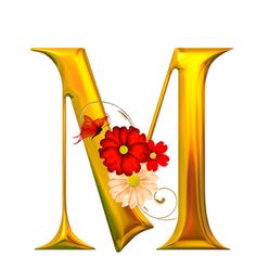 the letter m with flowers and butterflies on it's uppercase is shown in gold