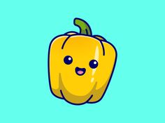 a yellow bell pepper with eyes and nose drawn on it's side, against a blue background