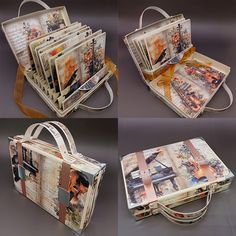 four different images of purses made out of magazines and newspaper pages, with straps on each side