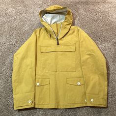 Great Condition Never Been Worn! Pit To Pit: 21.5 Pit To Cuff: 20 Collar To Hem: 27.75 Ish Material Is On The Stiffer Side Functional Yellow Outerwear With Pockets, Mustard Hooded Winter Outerwear, Casual Mustard Outerwear For Outdoor, Coats Men, Burberry Jacket, Jacket With Hood, Mens Coats, Hooded Jacket, Rain Jacket