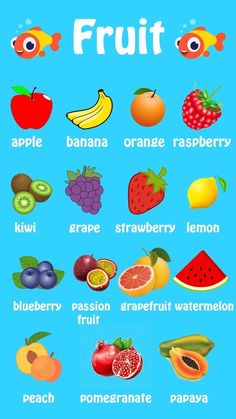 Fruit Vocabulary, Kids Learning Alphabet, Fruits Name In English, Preschool Charts, English Activities For Kids, Kids Worksheets Preschool, Learning English For Kids