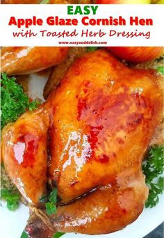 an apple glazed chicken with toasted herb dressing on a white plate and text overlay