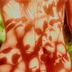 the shadow of a woman's shirt on her body is cast by leaves and grass